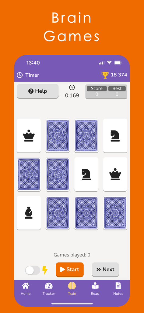 Readlax app memory card game interface with chess icons for brain training