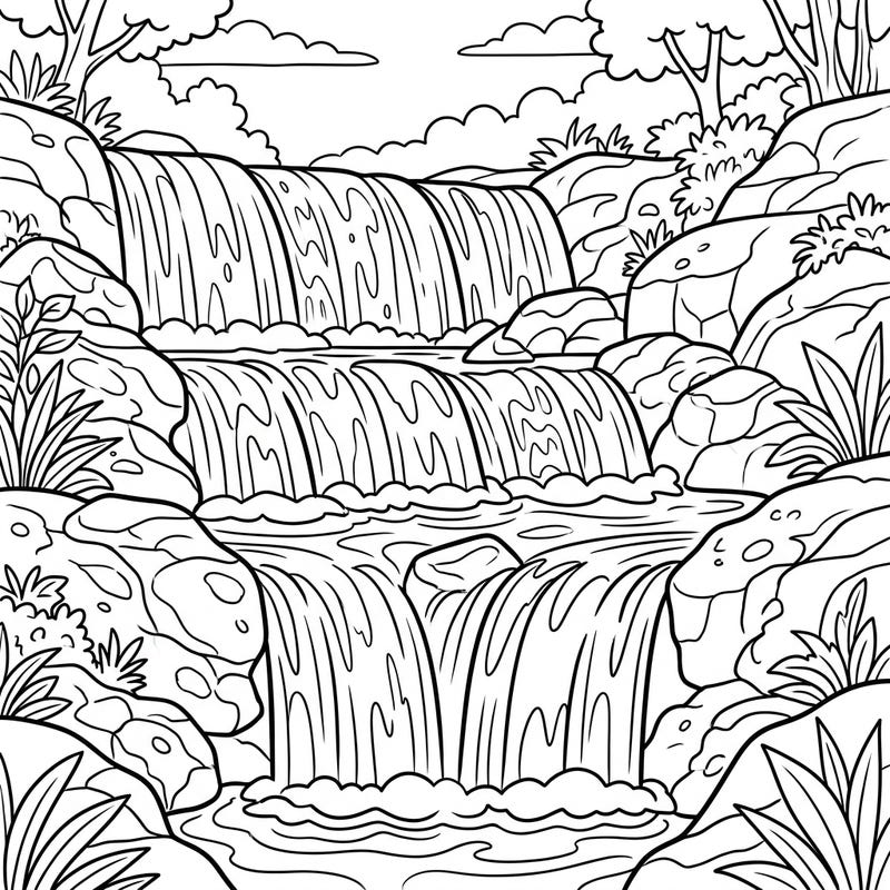 Let your child's imagination flow with this captivating coloring page featuring magnificent segmented waterfalls. Perfect for young artists, this design offers a delightful nature scene to bring to life with vibrant colors.