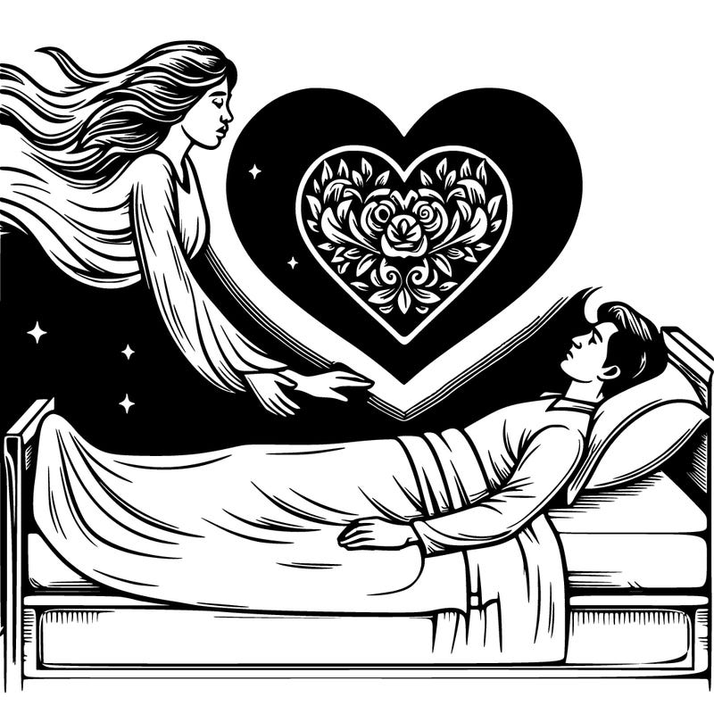 a woman and man in love both on their death beds but they’re souls meet at top in shape of a heart realistic
