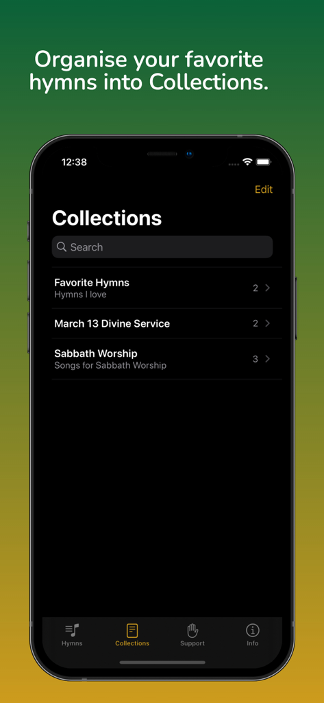 Christ In Song Multi-Language - Smartphone screen showing the Collections feature in the Christ In Song Multi-Language app for organizing SDA hymns