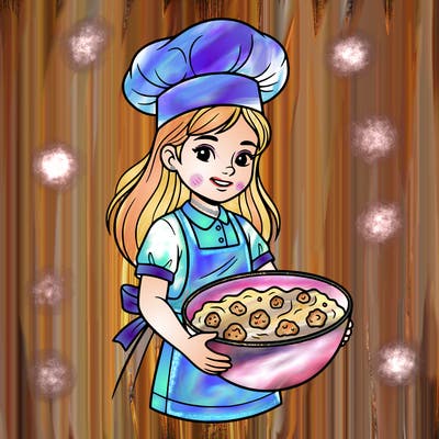 a baker who has a bowl of cookie dough and is a girl and a hat on and a dress with a apron