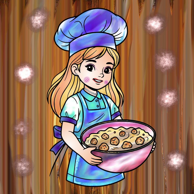 a baker who has a bowl of cookie dough and is a girl and a hat on and a dress with a apron