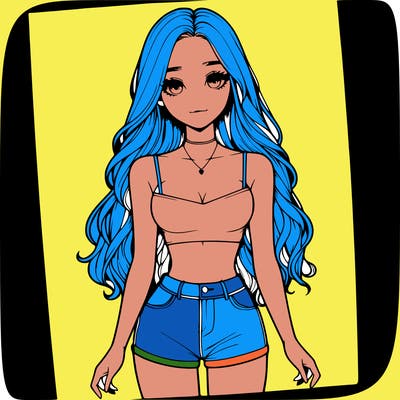 a realistic girl with long hair and in a crop top and shprts