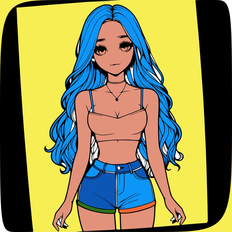 a realistic girl with long hair and in a crop top and shprts