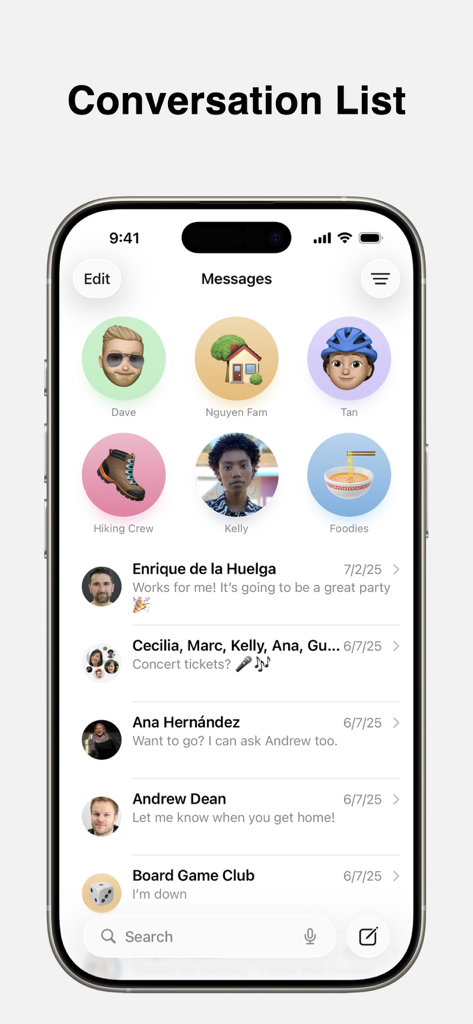 Messages - iPhone screen showing the Apple Messages app conversation list with pinned contacts