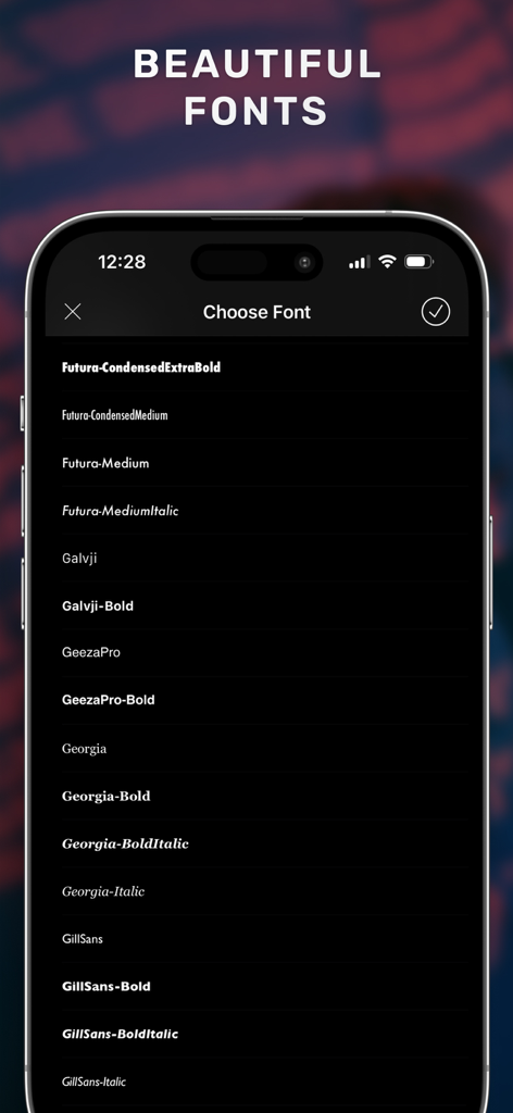 Watermark・Add Text on Photo - Pantalla de un smartphone mostrando una variedad de opciones de fuentes profesionales para añadir texto a fotos en la aplicación Marca de Agua.