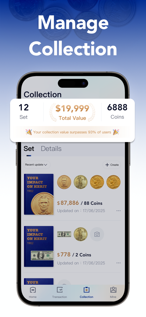 HeritCoin app dashboard for managing coin collections and tracking total value