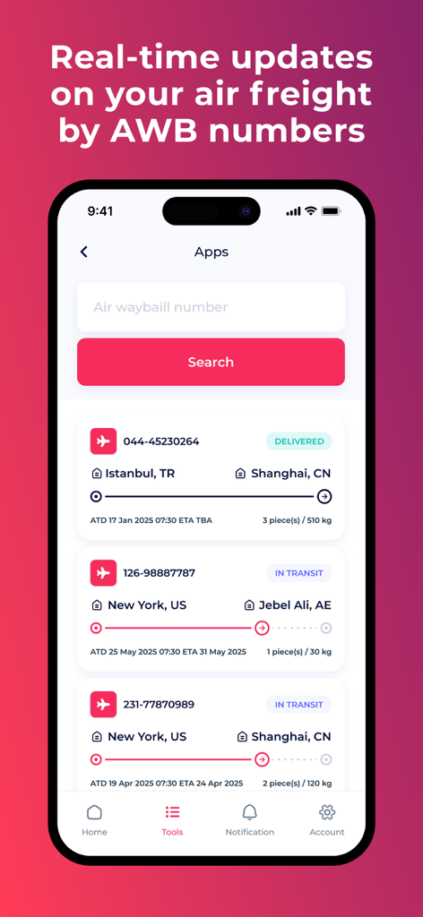 AirRates - AirRates mobile app interface showing real-time air cargo tracking by AWB number and shipment status list