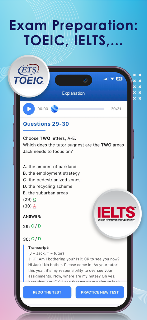Kurdish English Dictionary + - Kurdish English Dictionary app screen showing TOEIC and IELTS exam preparation and mock test interface