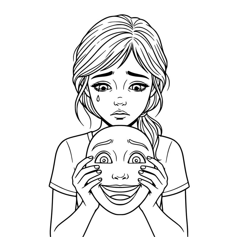 realistic girl holding a face with a smile while her face is sad