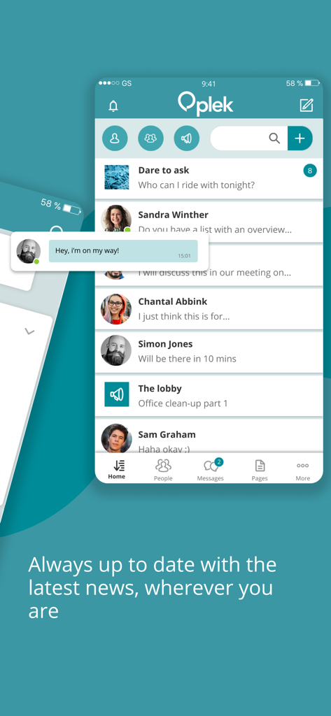Mobile interface of the Plek social intranet app showing a company news feed and user profiles