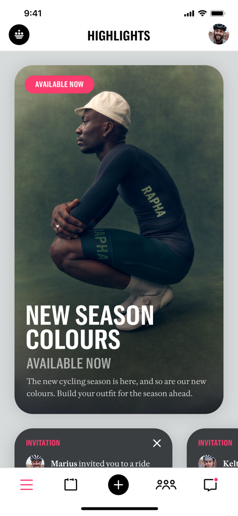 Rapha Cycling Club app highlights screen featuring new seasonal cycling gear and community ride invitations.