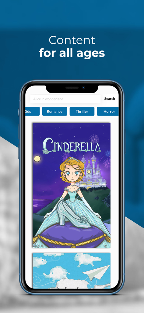 Pathbooks Stories & Audiobooks - Interfaccia dell'app Pathbooks che mostra varie categorie di storie e una copertina interattiva di Cenerentola