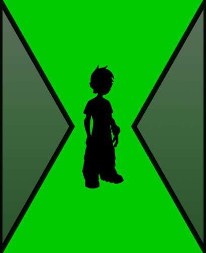 Silhueta de um personagem contra um fundo de ampulheta verde no aplicativo Omnitrix Simulator