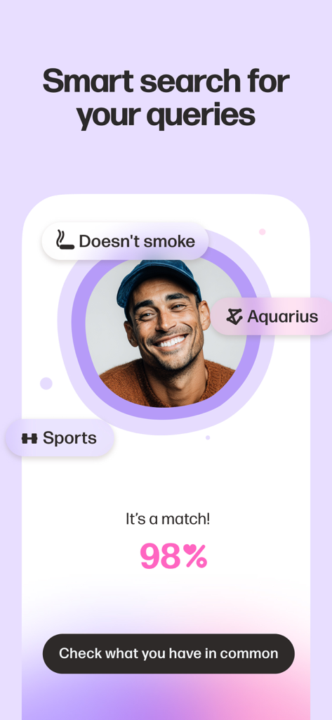 Mamba: Dating, Meet New People - Mambaデーティングアプリの画面。98％のマッチと、スポーツや喫煙しないなどのスマート検索フィルターを表示。