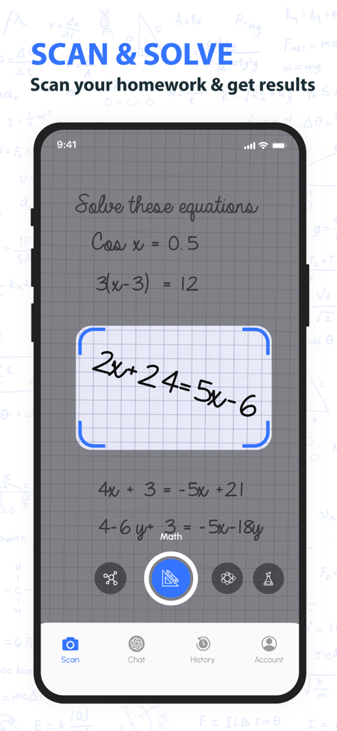 AI Homework Scanner & Helper - iPhone screen showing the QuiSolver app scanning a handwritten math equation for instant solutions