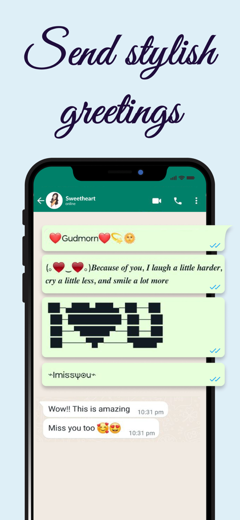 Stylish Text: Font Style App - Pantalla de smartphone mostrando mensajes de chat con fuentes elegantes y símbolos de corazón