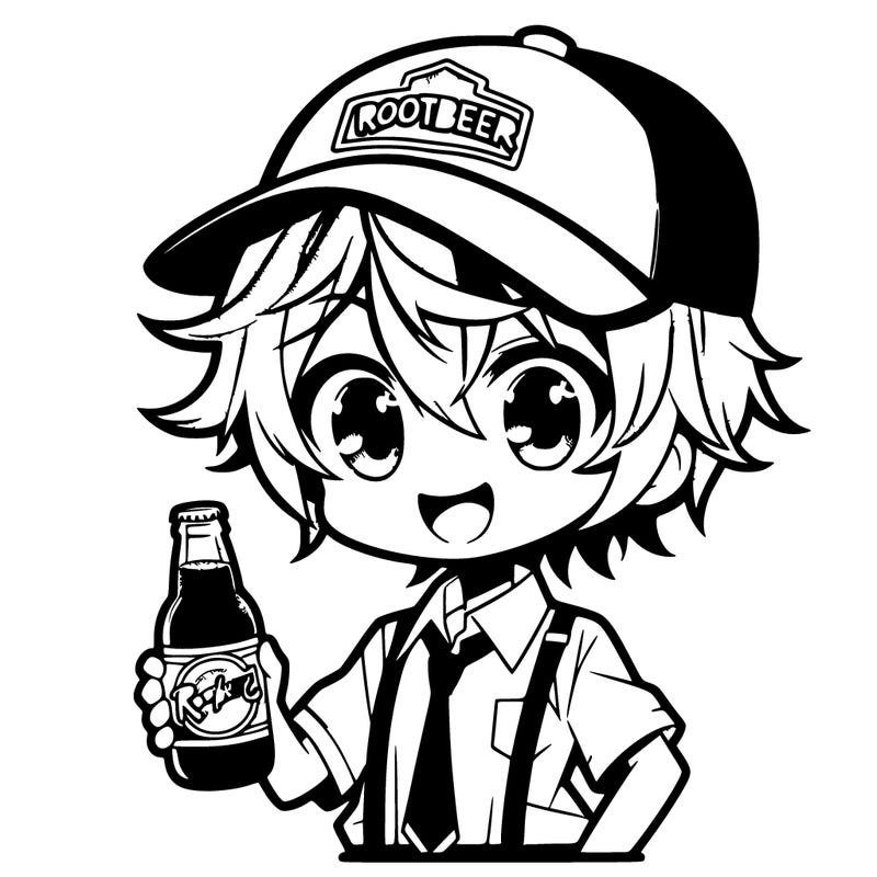 anime boy wearing a rootbeer hat and holding a rootbeer