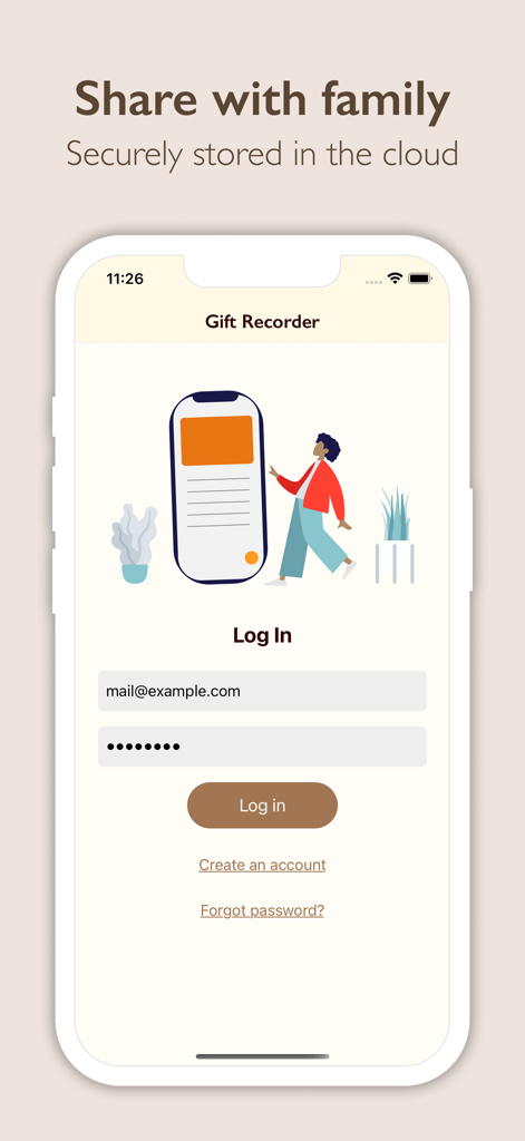Login screen for Gift Recorder app with family sharing and cloud storage features