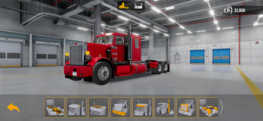 Red semi truck in a customization garage with various parts options in Truck Simulator Big Rigs