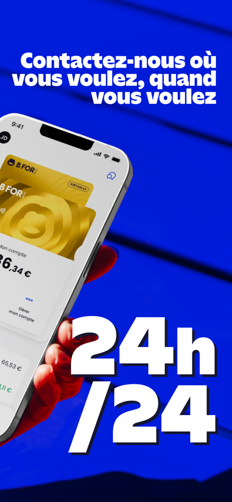 BforBank mobile App-Bildschirm, der die Verfügbarkeit des Kundensupports rund um die Uhr und die virtuelle Kartenoberfläche hervorhebt