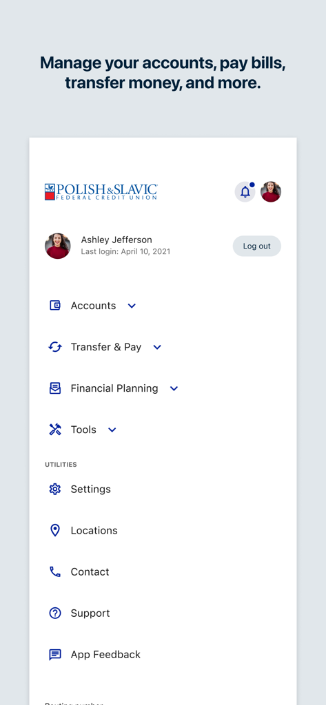 PSFCU Mobile - PSFCU Mobile app menu showing account management options like transfer and pay, financial planning, and utility settings.