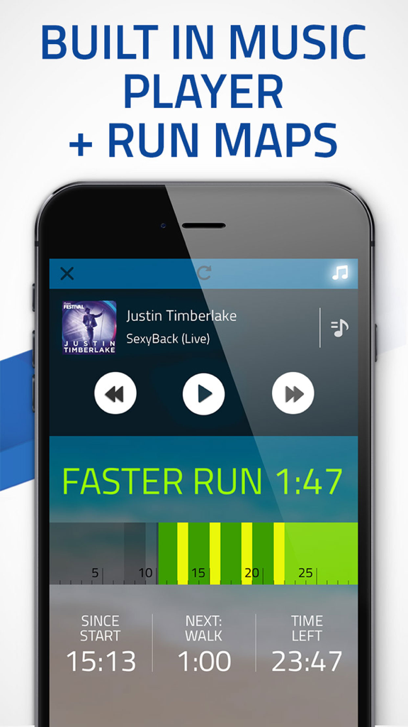 Pacer 5K: run faster races - Pacer 5K app interface showing integrated music player and interval training session details