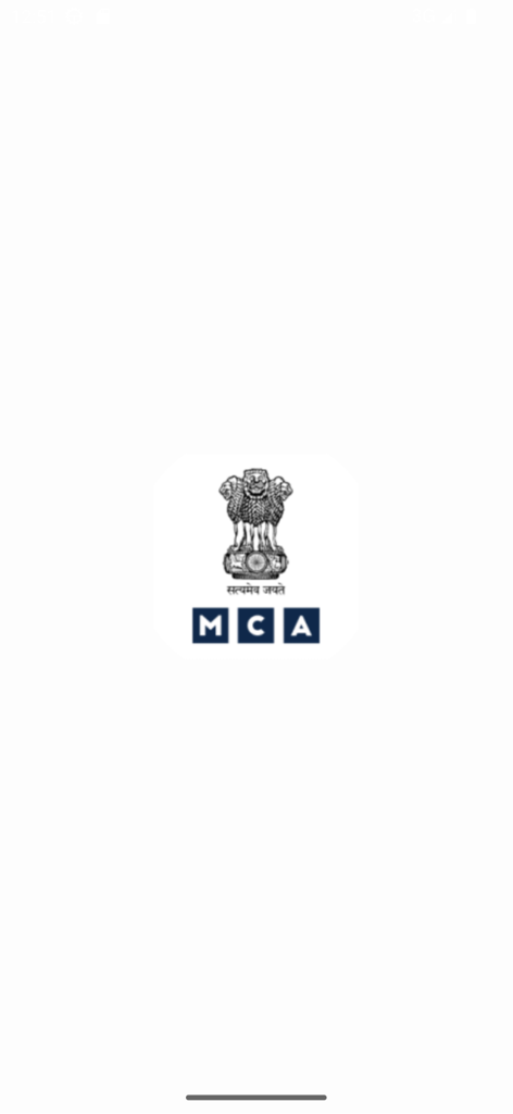 MCA India - The splash screen of the MCA India mobile app featuring the National Emblem of India and the Ministry of Corporate Affairs logo