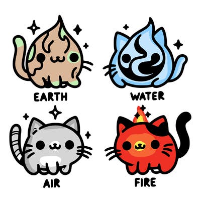4 cats that represent the different elements, earth, water, air, and fire
