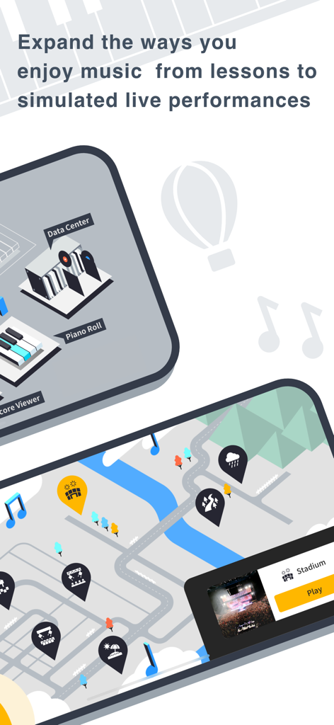Casio Music Space app display showing the piano roll menu and live concert simulator map.