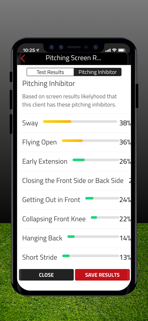 OnBaseU - Pitching inhibitor assessment results on the OnBaseU mobile app showing biomechanical metrics like sway and early extension.