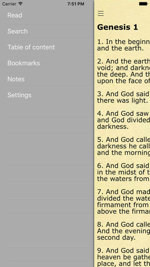 Chronological Bible in a Year - KJV Daily Reading - Navigation menu and daily reading screen showing Genesis 1 in the KJV Bible app