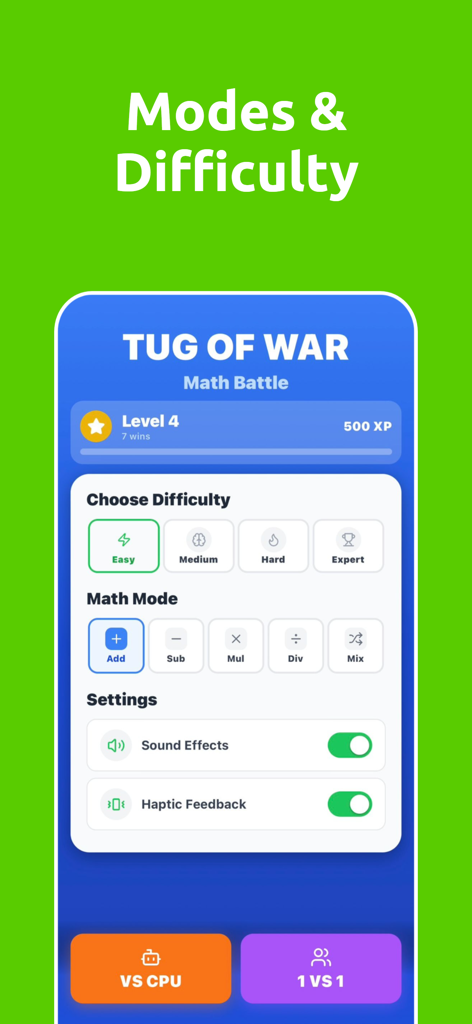 Settings menu in Tug of War Mathematics app featuring difficulty selection and math operation modes