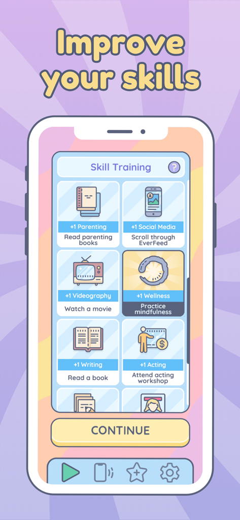 Everlife - Life Simulator - Everlife life simulator gameplay screenshot showing character skill training options for wellness parenting and social media