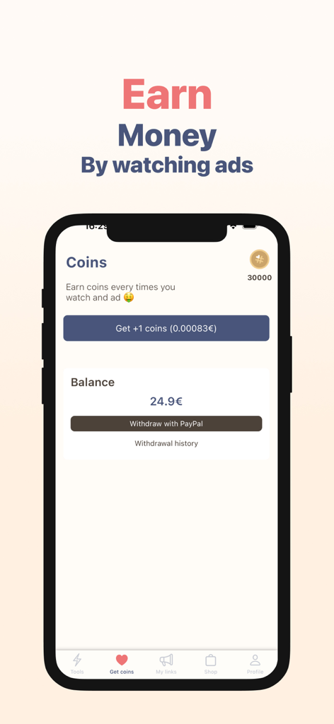 Tendencyz - Interfaz de la aplicación Tendencyz mostrando el saldo de monedas y las opciones de retiro de PayPal por ver anuncios