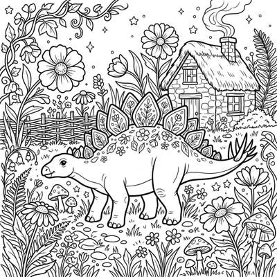 Step into a charming world where ancient meets quaint with this delightful Stegosaurus coloring page. Featuring a friendly dinosaur amidst a cozy cottagecore landscape, it's perfect for a relaxing creative escape.