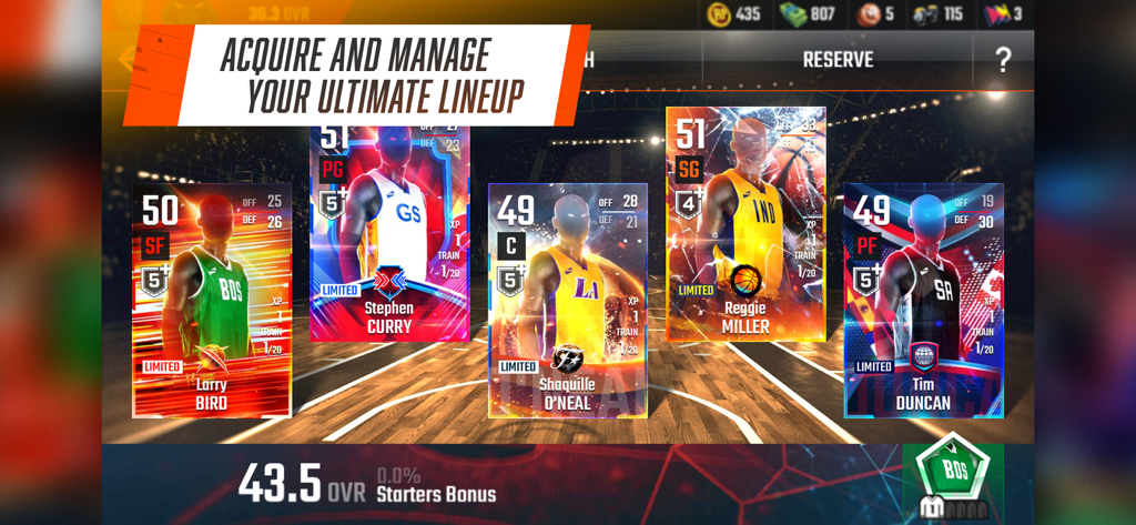 A showcase of an ultimate basketball lineup featuring cards of legendary players in Franchise Basketball Pro GM.