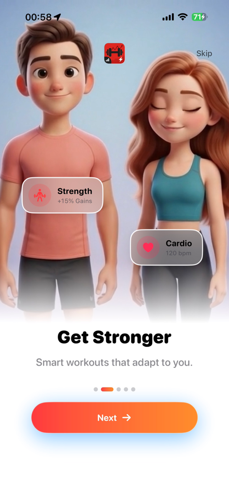 Insane - AI Cal Fit Tracker - Onboarding screen of Insane AI fitness tracker showing animated characters for strength and cardio workouts