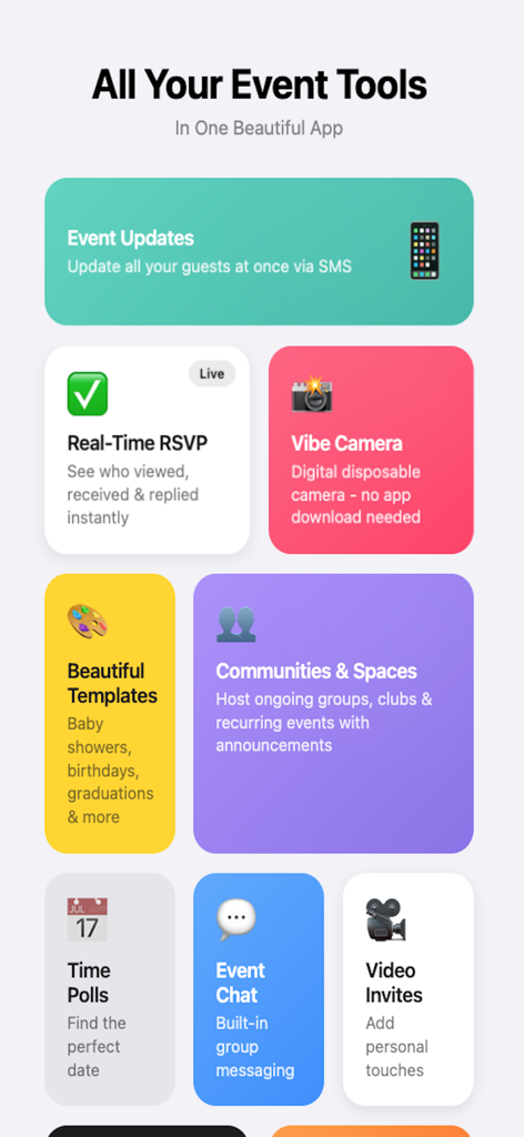 Una visualizzazione a griglia delle funzionalità dell'app Hobnob, tra cui chat di eventi con RSVP in tempo reale e bellissimi modelli