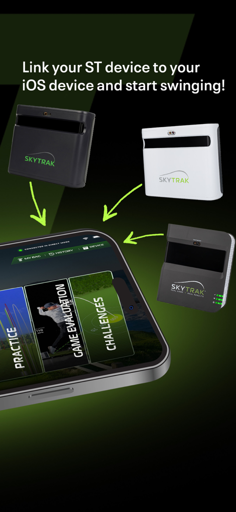 Graphic showing different SKYTRAK launch monitor models linking to the mobile app on an iPhone for golf practice and game evaluation.
