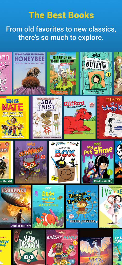 A grid of popular children book covers and audiobooks available on the Epic reading app library.