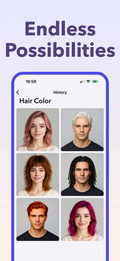 A mobile app screen showing a grid of different AI-generated hair colors and styles for men and women in the history section.