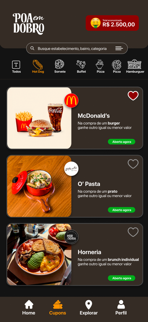 POA em Dobro - POA em Dobro mobile app screen showing buy one get one free offers for restaurants like McDonalds and O Pasta