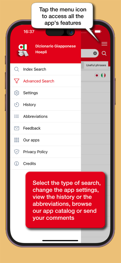 Seitenmenü der Hoepli-Japanisch-Wörterbuch-App mit erweiterten Suchfunktionen und Einstellungen.