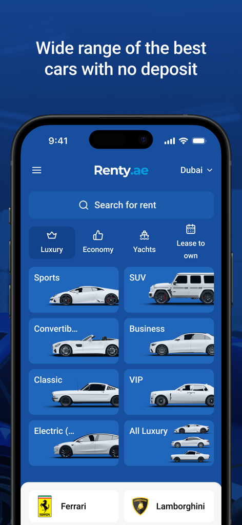 Renty app interface displaying various luxury car categories including sports cars SUVs and yachts for rent in Dubai