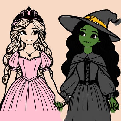 a princess and a witch holding hands realistic