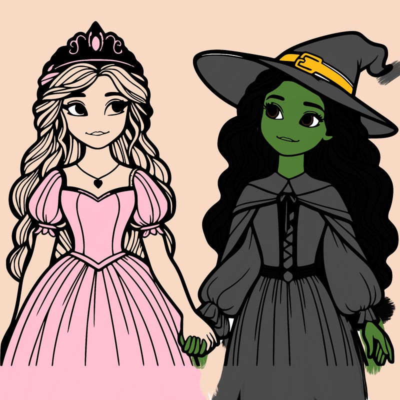 a princess and a witch holding hands realistic