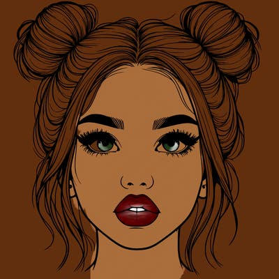 realistic girl with two buns on her hair and lips