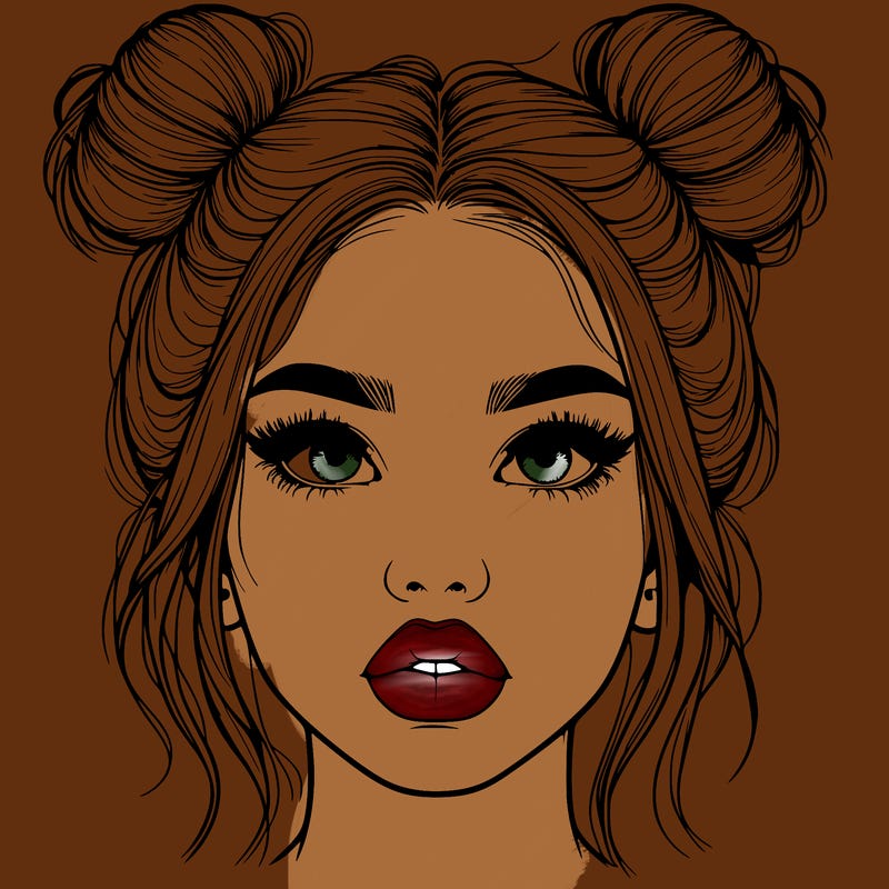 realistic girl with two buns on her hair and lips