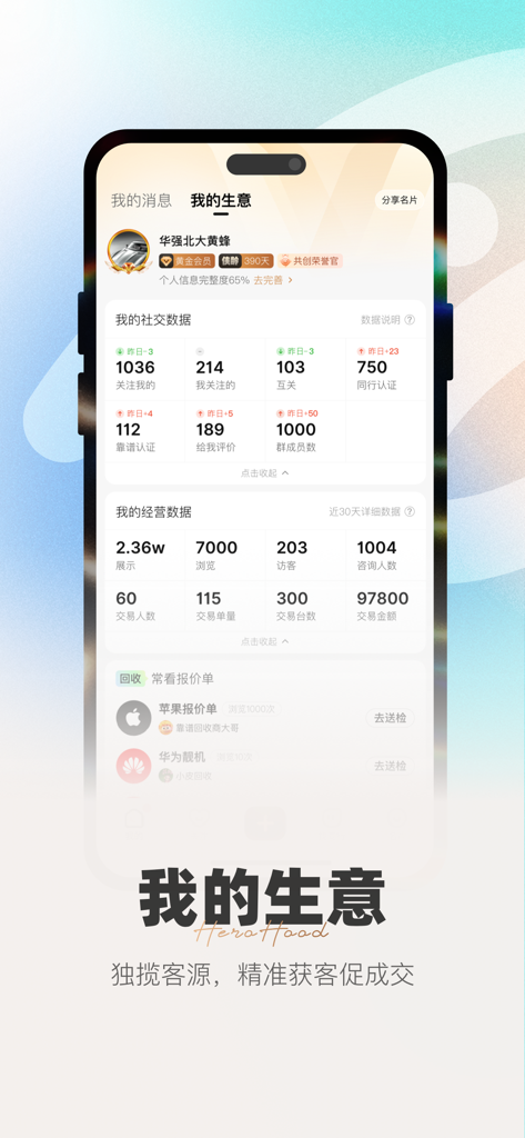 侠客汇 - Xiakehui app My Business screen showing sales analytics and electronics price lists
